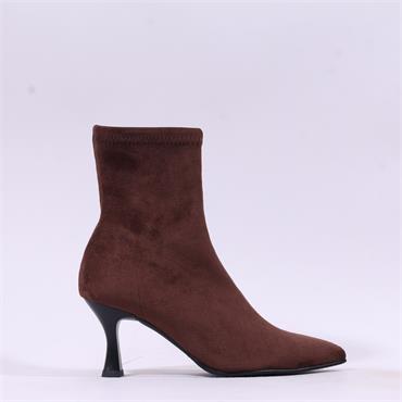 Miss Elastic High Heel Point Ankle Boot - Brown Stretch